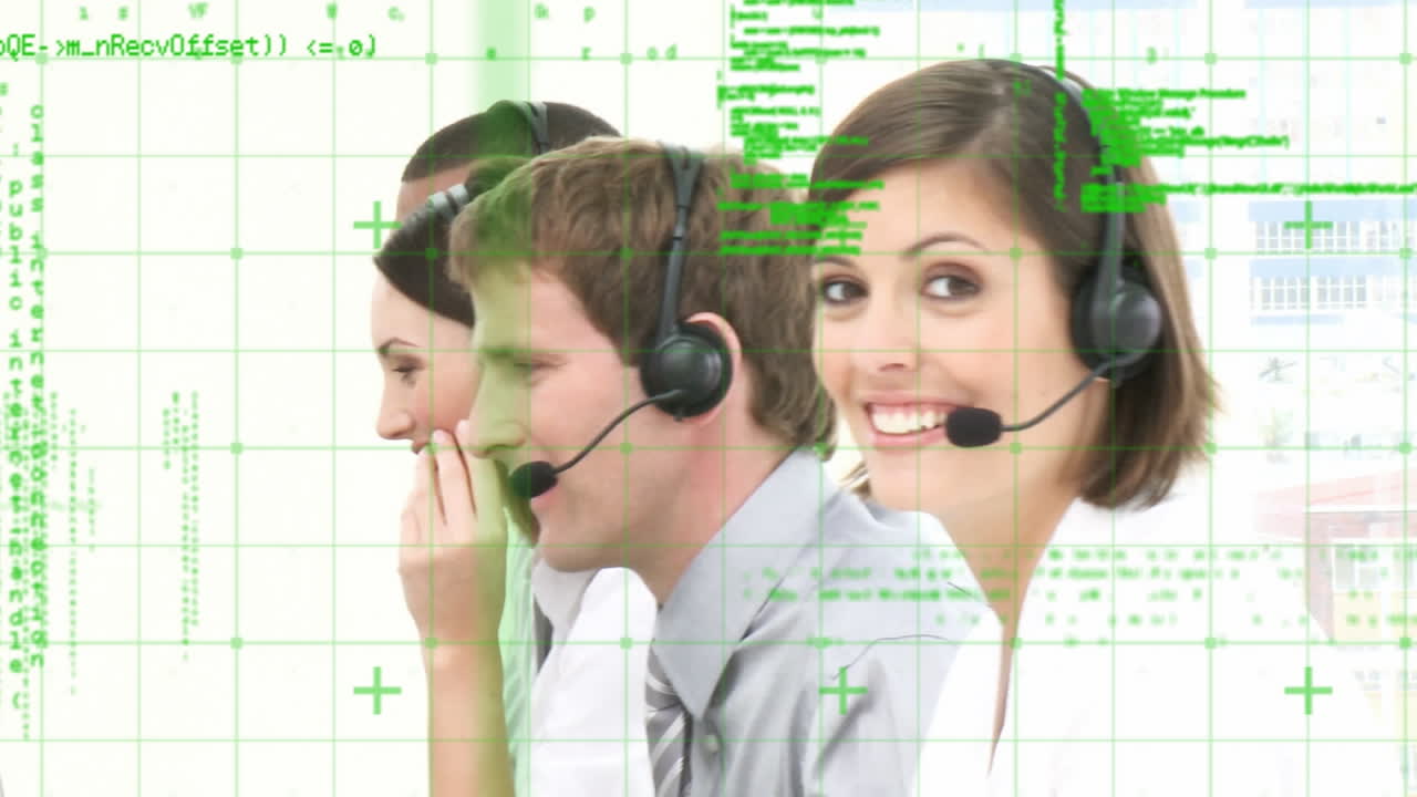 Animation of data processing over business people using phone headsets