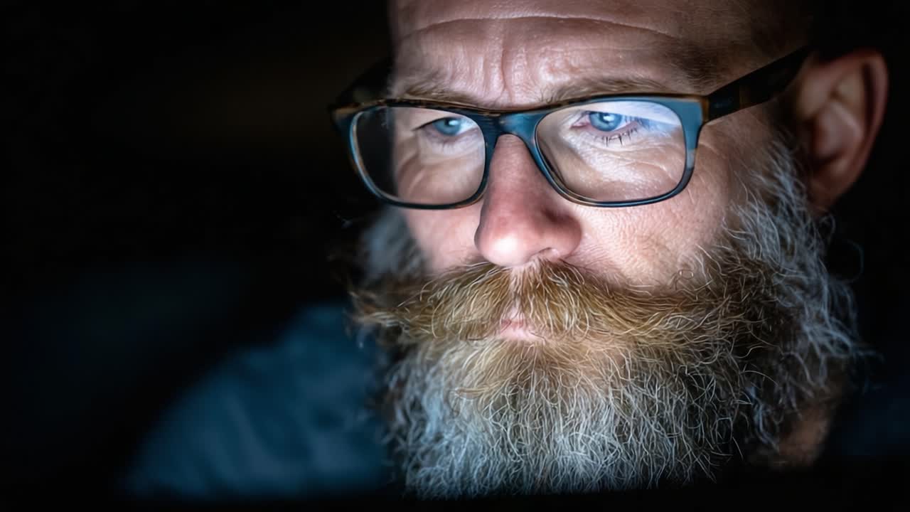 Fokussierter Mann mit Brille und markantem Bart, vertieft in intensive Konzentration unter gedämpftem Licht, der tiefes Nachdenken und Introspektion zeigt