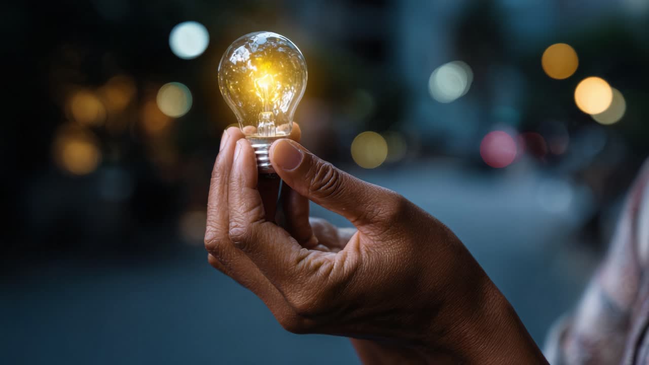 A person holding a glowing light bulb symbolizes innovation and creativity against a blurry evening backdrop, highlighting the fusion of art and science in daily life