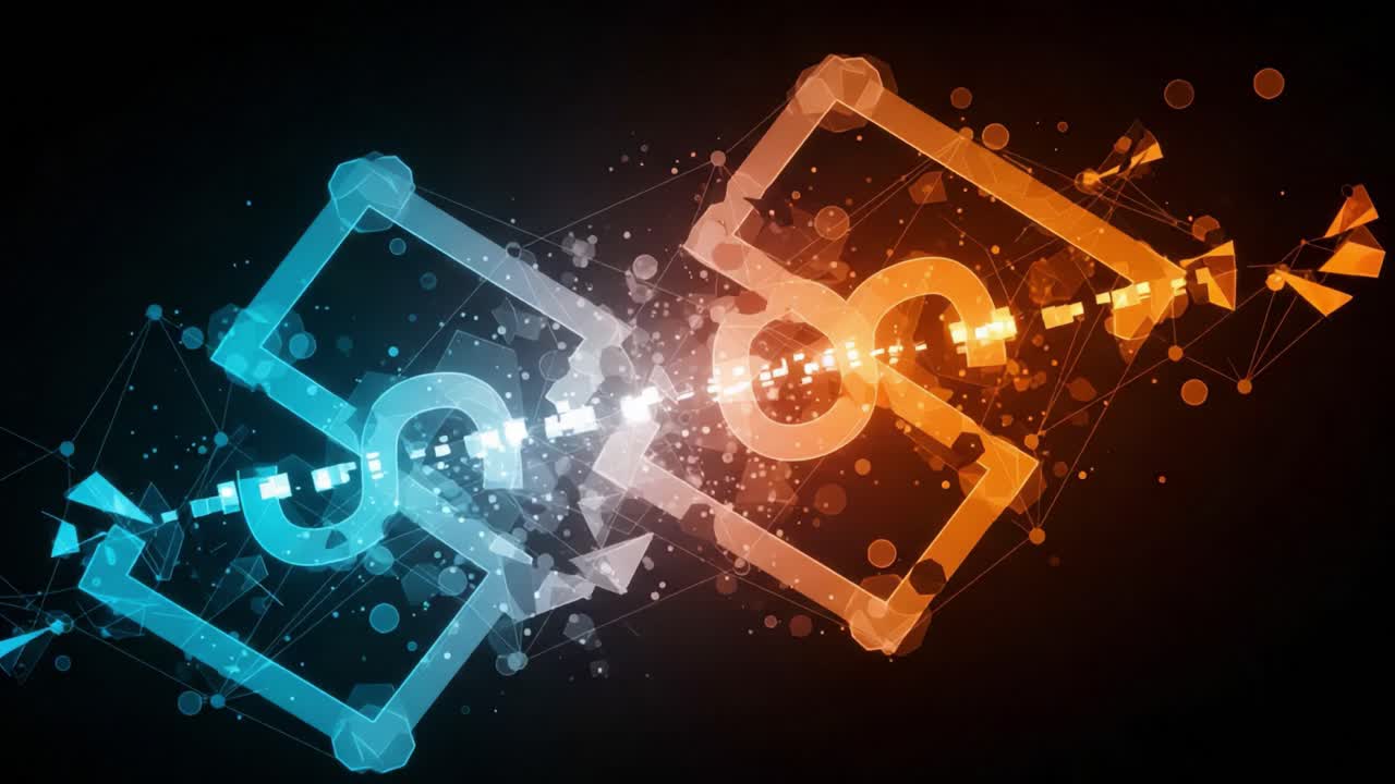 Dynamic Representation of Dual Currency Exchange Featuring Interconnected Symbols Against a Dark Background with Futuristic Geometric Patterns