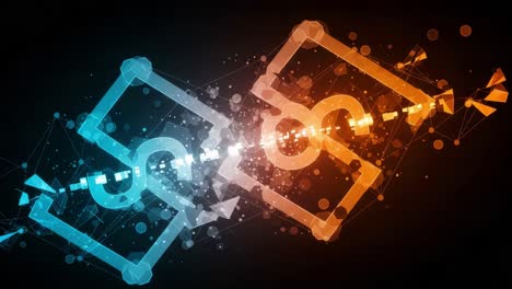 dynamic representation of dual currency exchange featuring interconnected symbols against a dark background with futuristic geometric patterns
