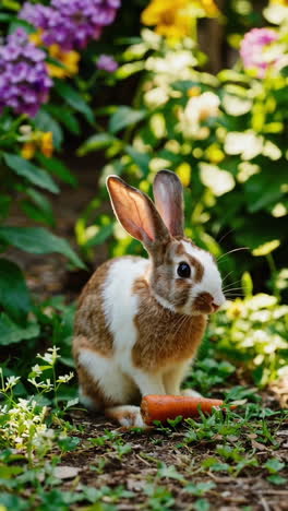 rabbit eating carrot in a garden