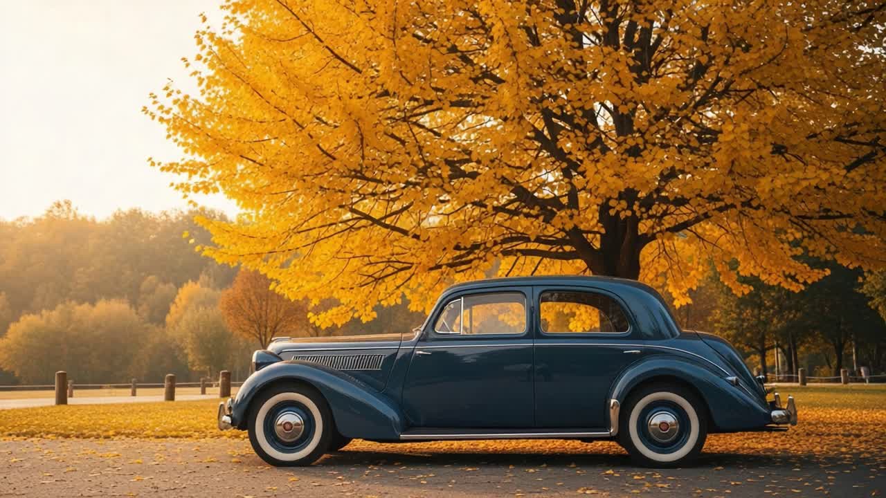 Classic Automobile Stands Elegantly Beneath a Vibrant Golden Tree, Capturing the Essence of Autumn in a Timeless Scene with Warm Colors and Nostalgic Vibes