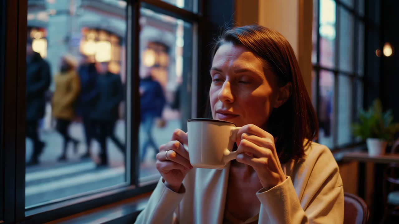 Kvinde nyder kaffe på en café med byudsigt