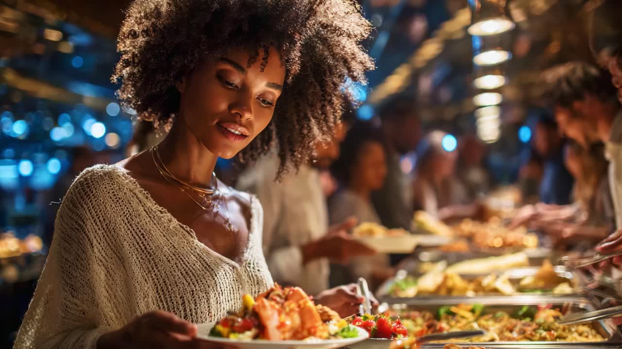 An Elegant Culinary Experience: A Woman Selecting Delicious Food at a Buffet with Friends Enjoying Their Meals in an Atmospheric Dining Setting, Capturing Joy and Togetherness
