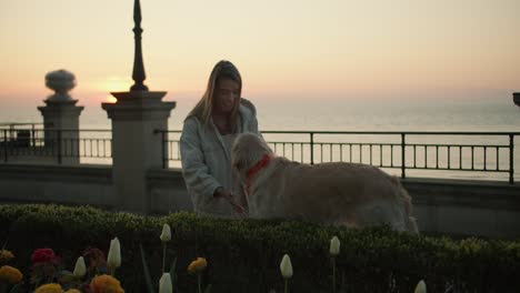 a young blonde girl strokes her dog in the morning on the seashore. walking with a pet in the morning