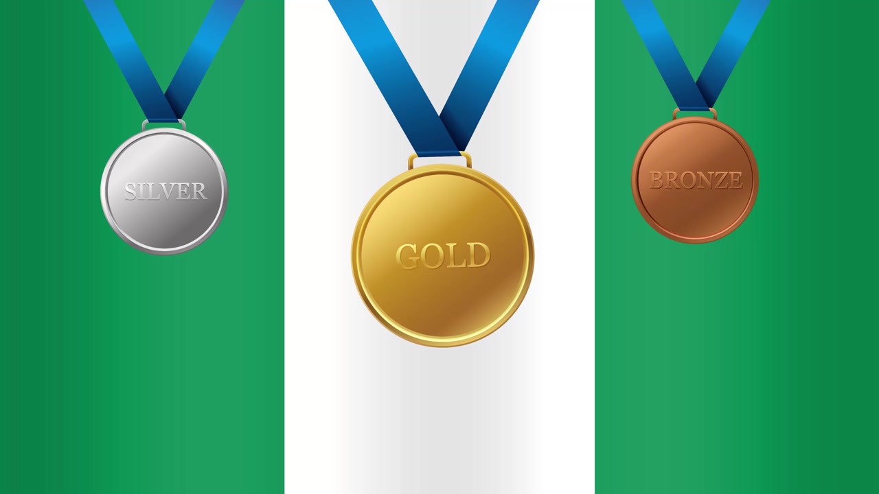 Fondo animado de la bandera nigeriana con medallas de oro, plata y bronce en cintas azules en bucle