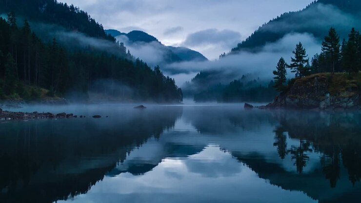 Nebbia che si sposta attraverso un lago montano a specchio, una brezza calma crea increspature, riflettendo abeti e creste.