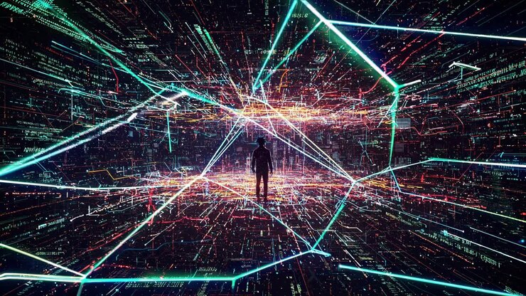 Exploring a virtual landscape filled with vibrant data streams and glowing lines in a futuristic setting