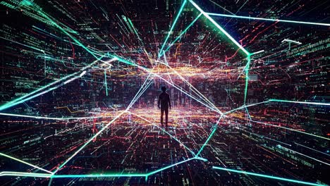 exploring a virtual landscape filled with vibrant data streams and glowing lines in a futuristic setting