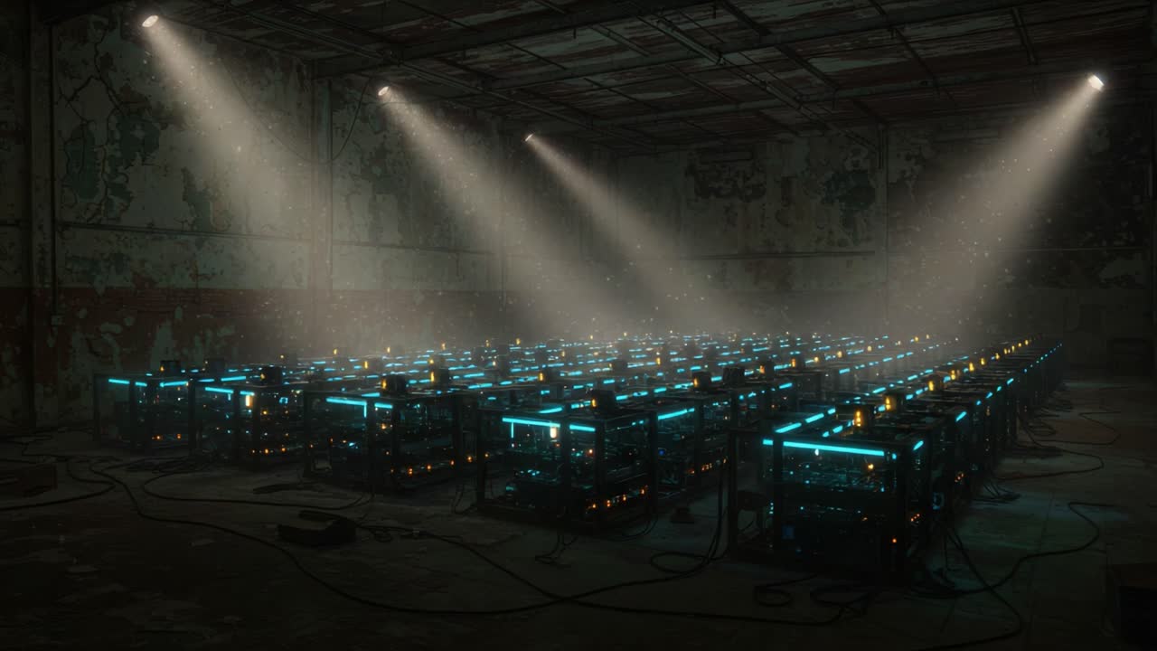 A dimly lit industrial room filled with rows of illuminated machines, casting ethereal blue lights amidst a gritty backdrop, showcasing advanced technology in action