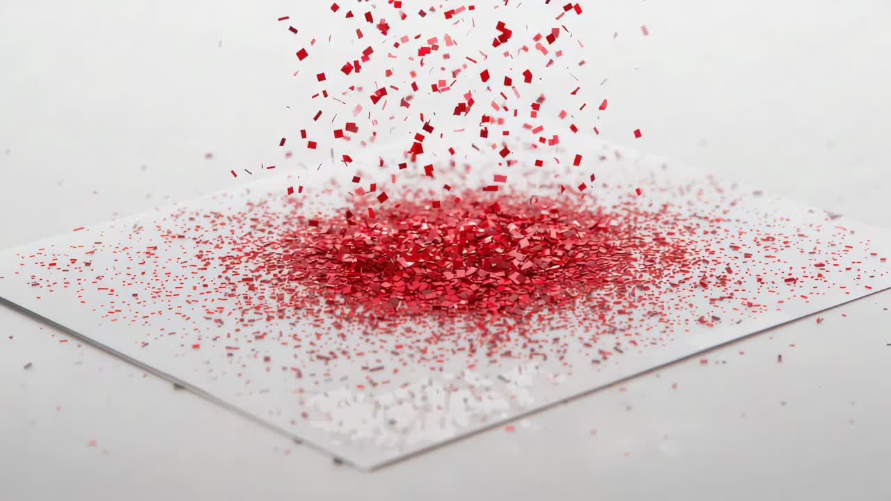 Starting cascade, falling red square glitter collecting on white sheet, forming dome pile