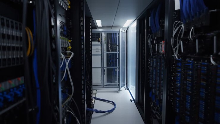 Interior of a server room with network cables