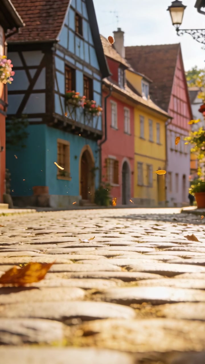 Vertical video: Light wind lifting fall leaves drifting and settling on wet cobbles by pastel homes