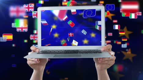 european flags animation on laptop screen