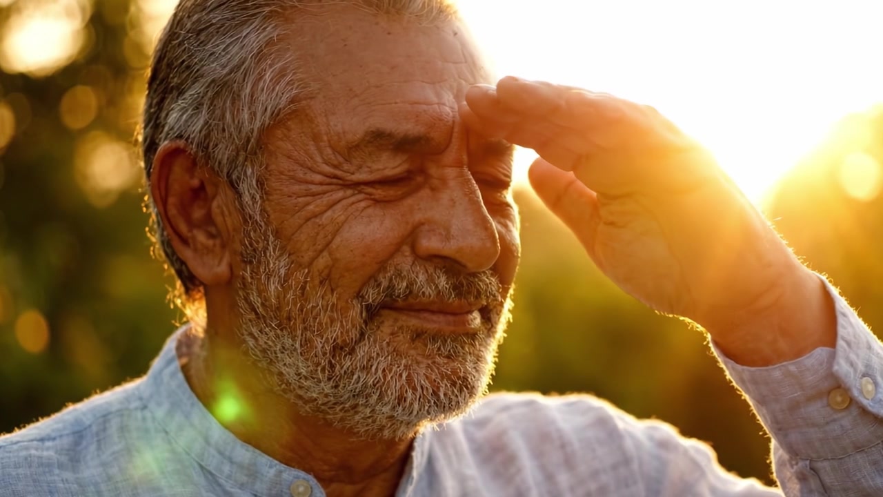 A contemplative elderly man smiles under the golden glow of sunset, reflecting on life and embracing the warmth of nature's beauty and tranquility.