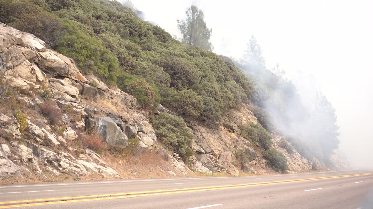 브러시 화재 동안 거리에 굴러 연기