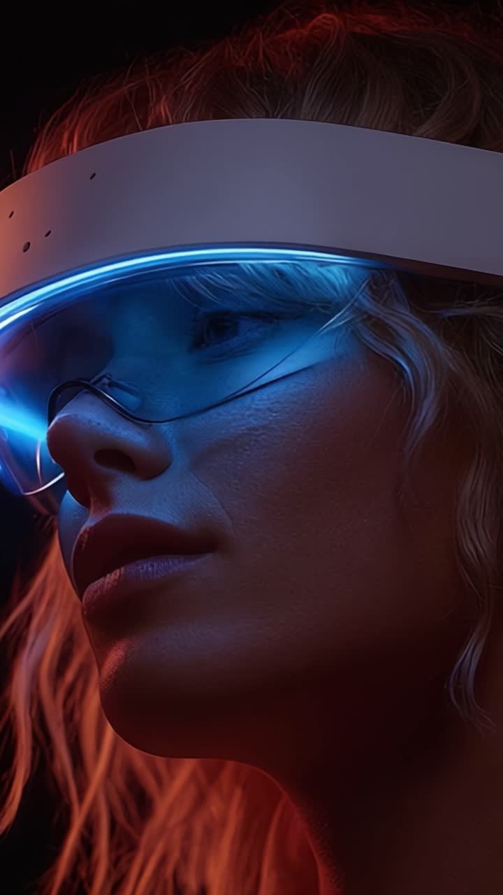 Un primo piano di una donna che indossa un visore futuristico con illuminazione blu neon, catturando un momento di introspezione e coinvolgimento tecnologico