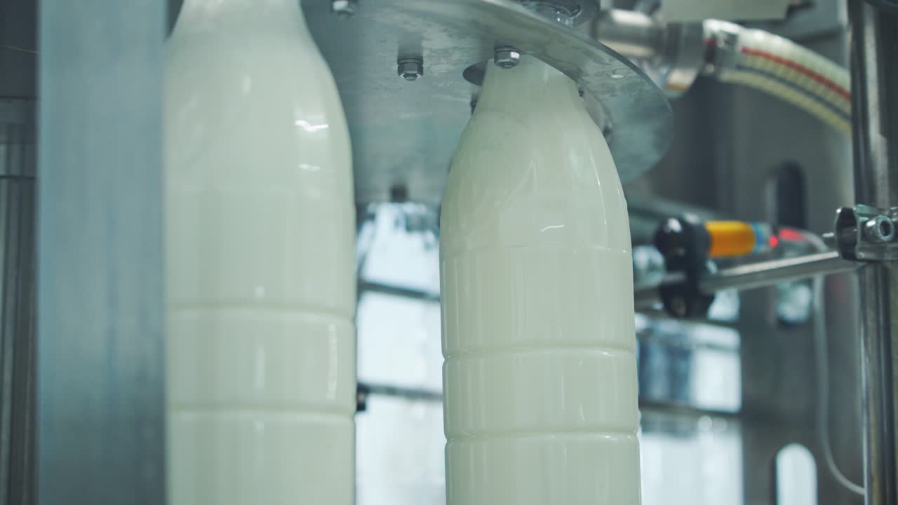 Bottles filling with milk by mechanical machine. Upgraded technology in dairy factory. Process of pouring milk into plastic bottles. Close-up.