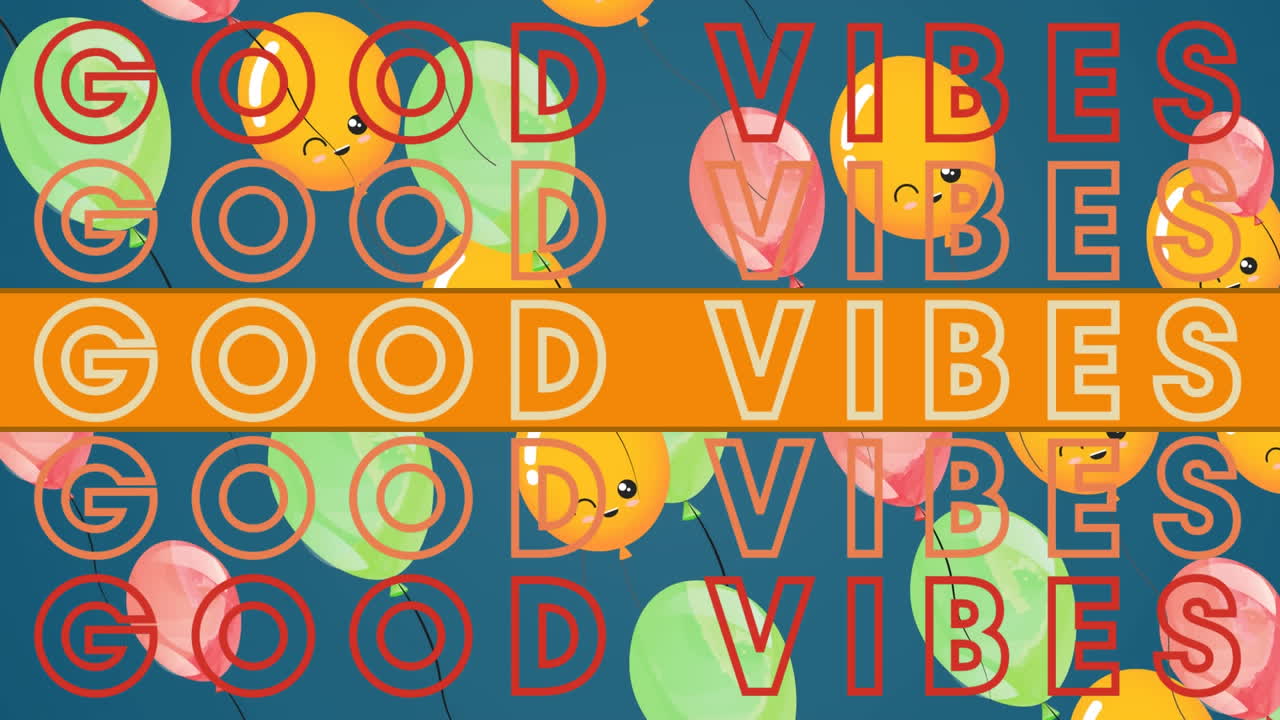 오렌지색과 빨간색으로 좋은 진동이라는 단어의 애니메이션과 회색에 떠다니는 풍선