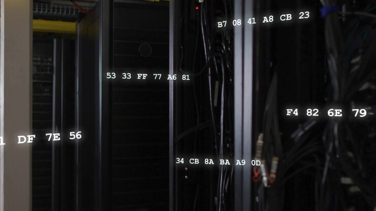 Camera panning data center rack aisle, animated hex overlays showing data flow across cables
