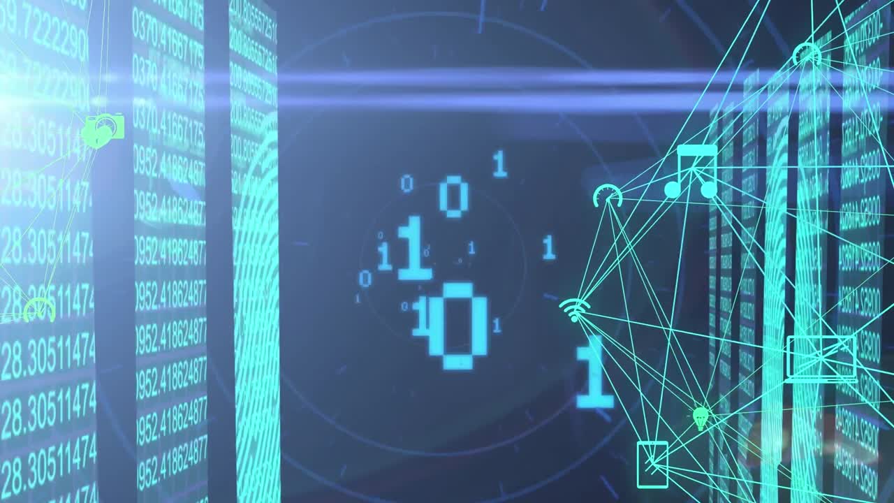 Animation of binary codes zooming on data processing with icon connecting dots on digital interface