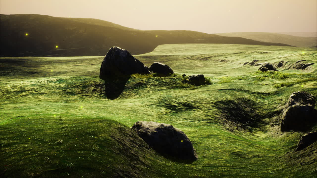 Breathtaking meadow landscape illuminated by soft golden sunlight