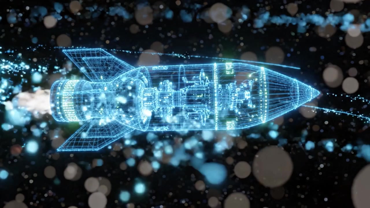 Futuristic Digital Rocket in Space with Abstract Lighting and Particle Effects Representing Advanced Technology and Exploration in a Sci-Fi Environment