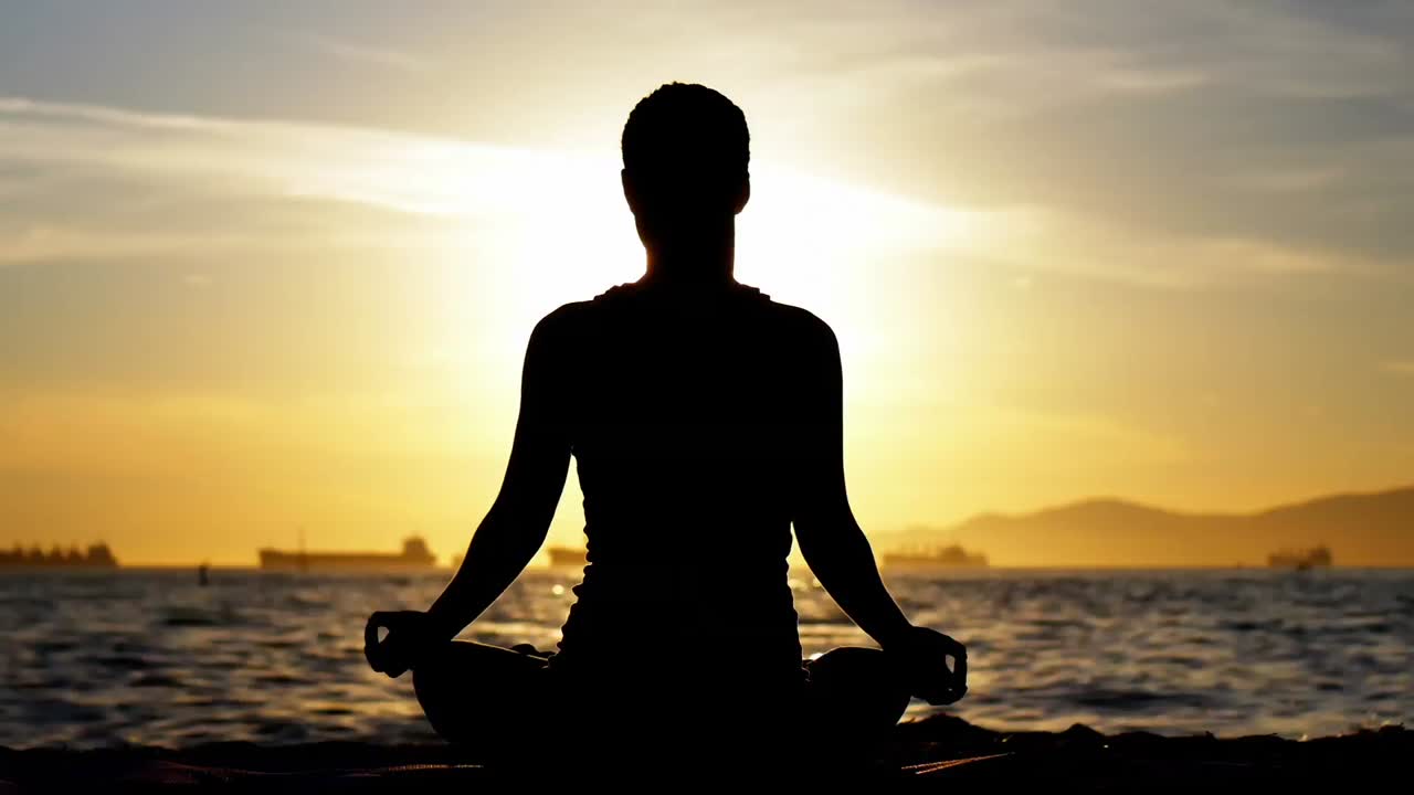 mujer haciendo la postura del loto al atardecer