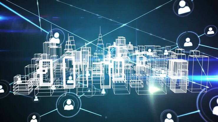 Revolving modern city and global communication graphic