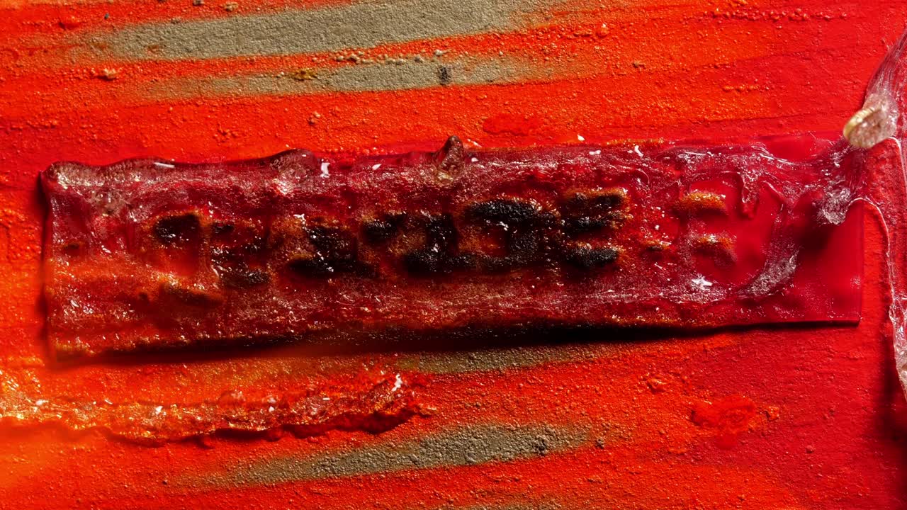 불타는 나무 표면에 위험 문장.