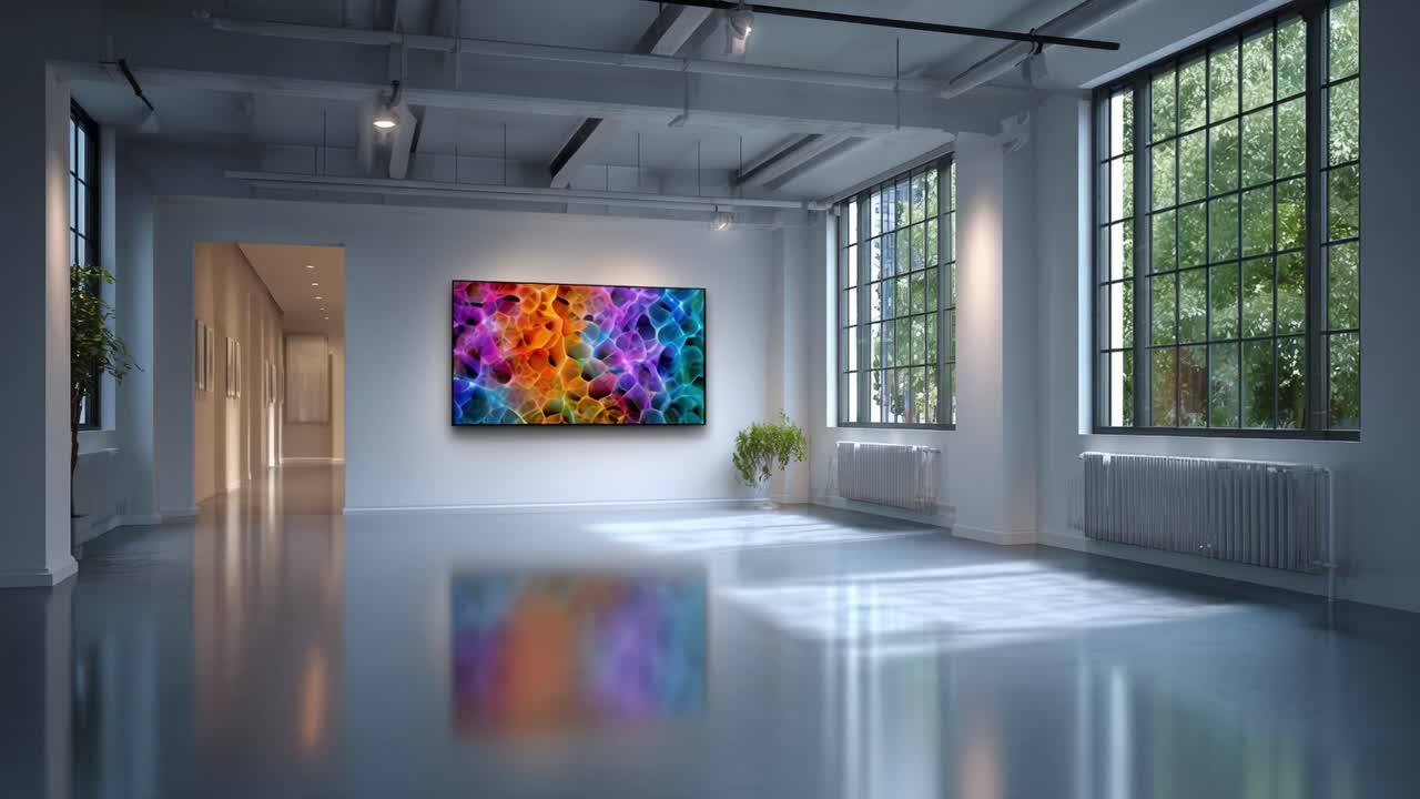 Lebendige abstrakte Farbpracht: Eine moderne Kunstinstallation, die die Ästhetik eines hellen Galerieraums mit dynamischer Energie und fließenden Mustern aufwertet.