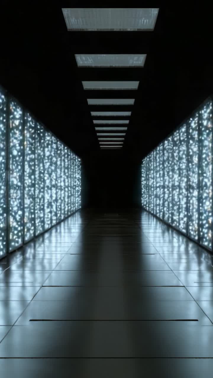 Un corridoio enigmatico di luci scintillanti: una trasformazione drammatica dall'oscurità a percorsi illuminati in uno spazio misterioso.