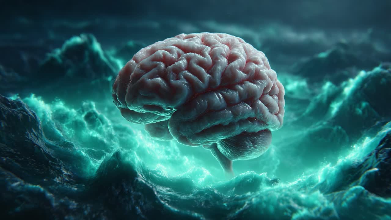 A Surreal Representation of the Human Brain Rising Above Turbulent Waters, Symbolizing the Power of Thought and Emotion Amid Life's Chaos