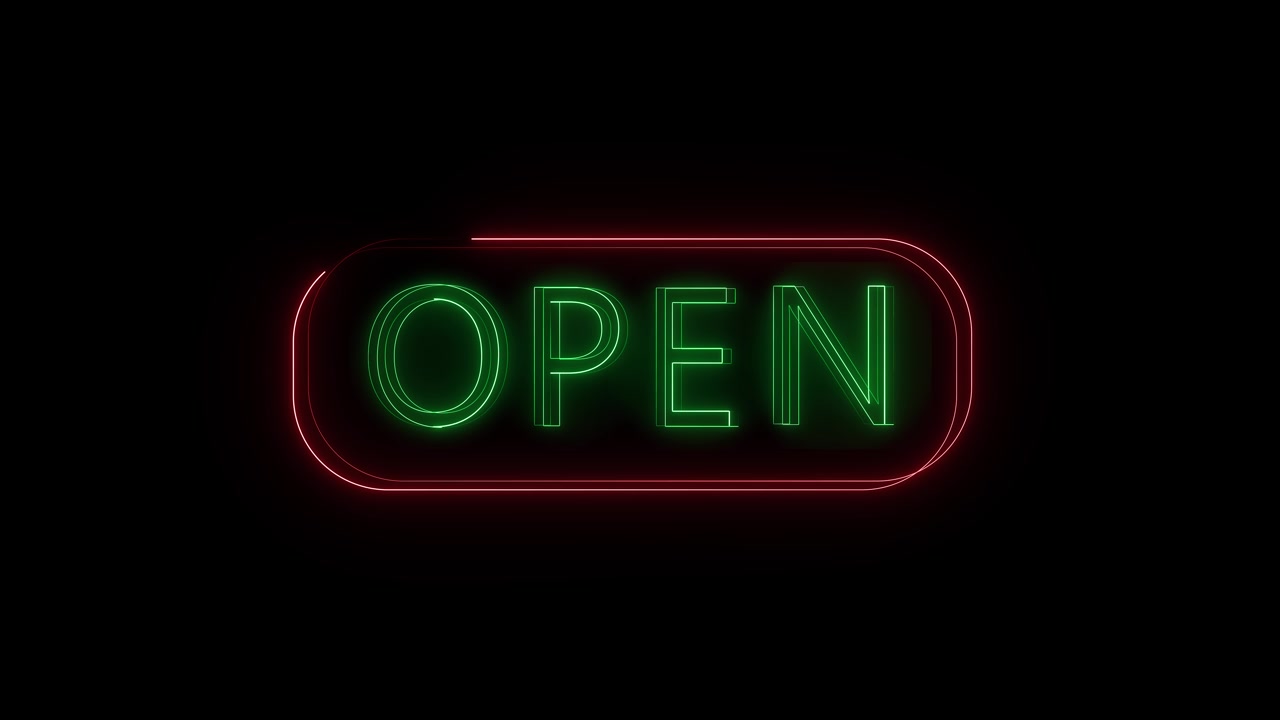 Neon open sign animation background glowing letters outline frame dark storefront style perfect for