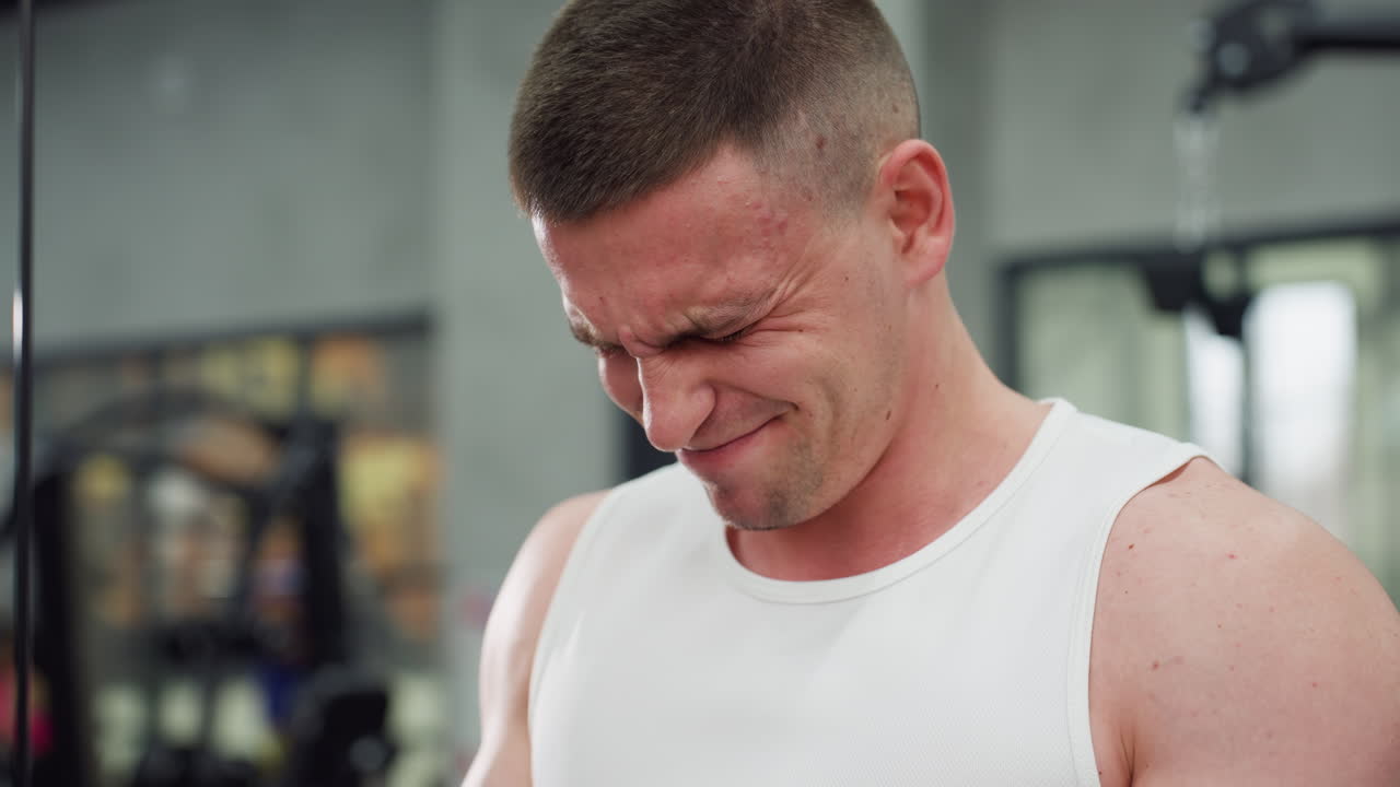 Body builder grimaces with facial strain pulling cable machine handle in modern gym under intense lighting, showcasing controlled motion, power, and endurance with flexed muscles