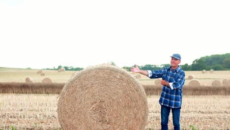 smiling farmer rolling hay bale and gesturing in farm