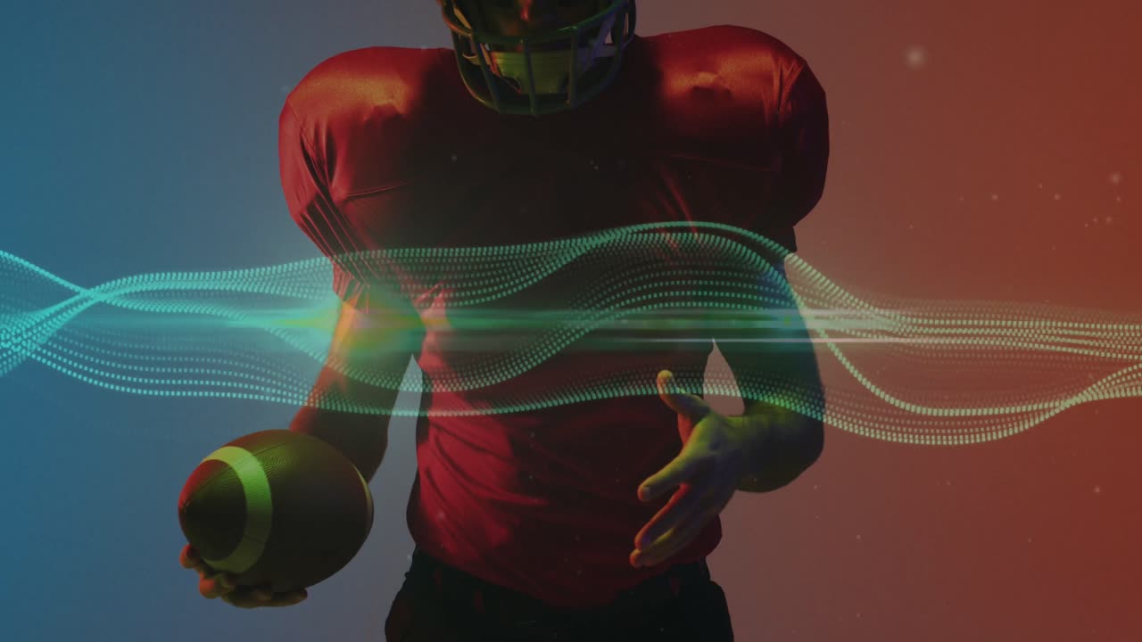 Animazione di linee di scia luminosa su giocatore di football americano su sfondo neon