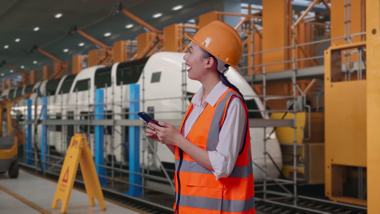 Inquadratura laterale di ingegnera asiatica con casco di sicurezza che usa lo smartphone e si guarda intorno mentre è in piedi, ingegneri addetti alla manutenzione del treno in un deposito