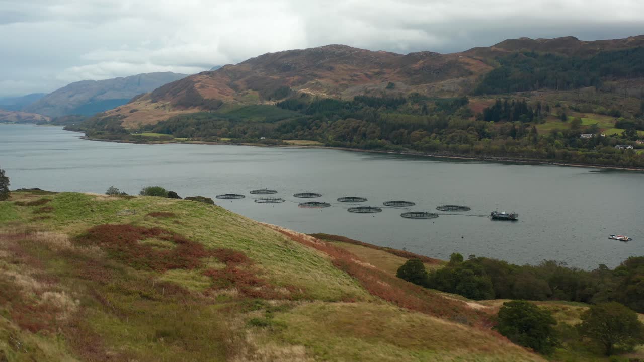 Aerial View of Fish Farms in a Scottish Loch