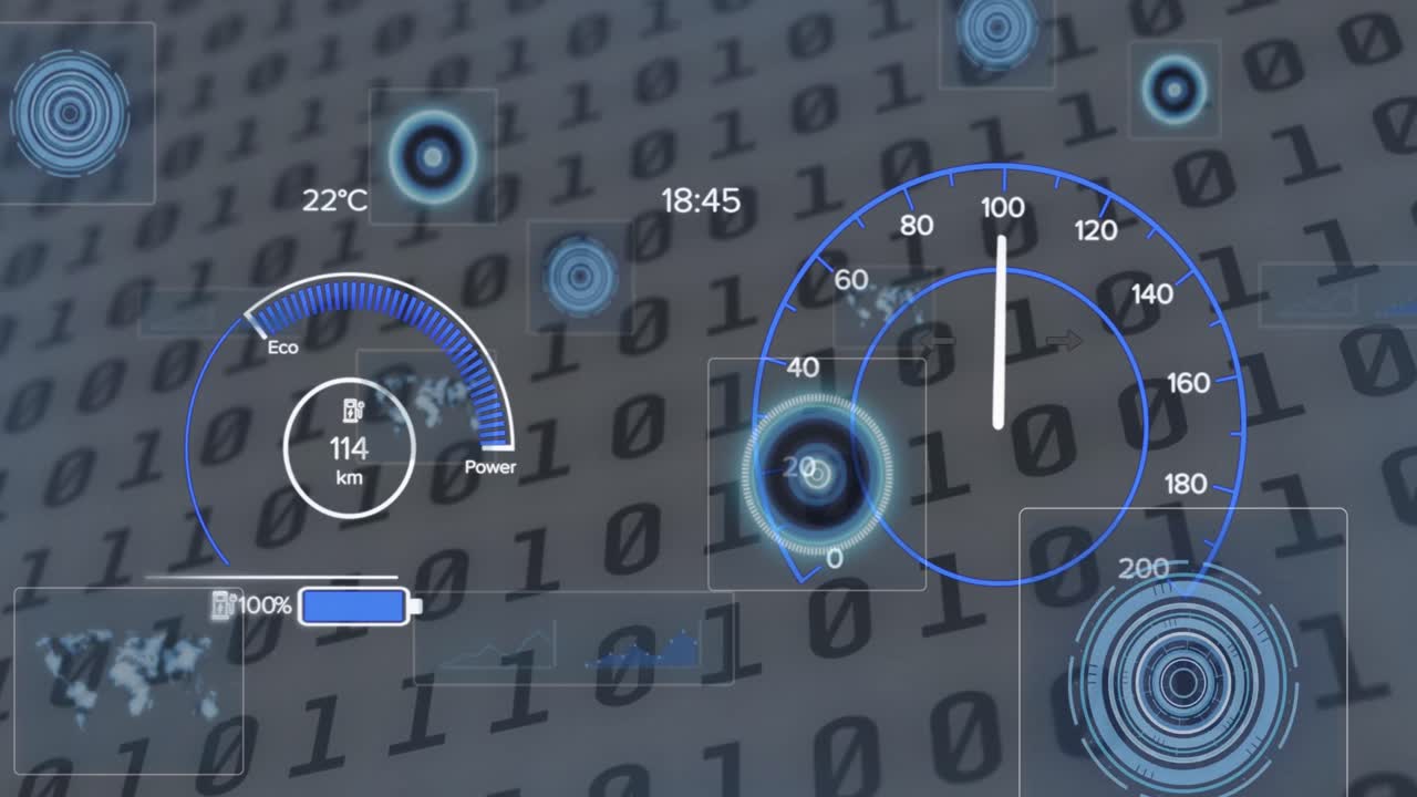 Animation of interface with charging battery icon and speedometer over binary coding