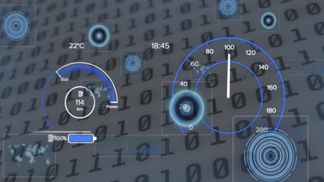 Animación-De-La-Interfaz-Con-El-Icono-De-Carga-De-La-Batería-Y-El-Velocímetro-Sobre-Codificación-Binaria.