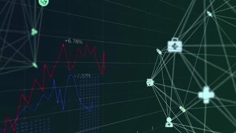 Animation-Von-Kugeln-Medizinischer-Symbole,-Die-Sich-über-Die-Statistische-Datenverarbeitung-Auf-Grünem-Hintergrund-Drehen