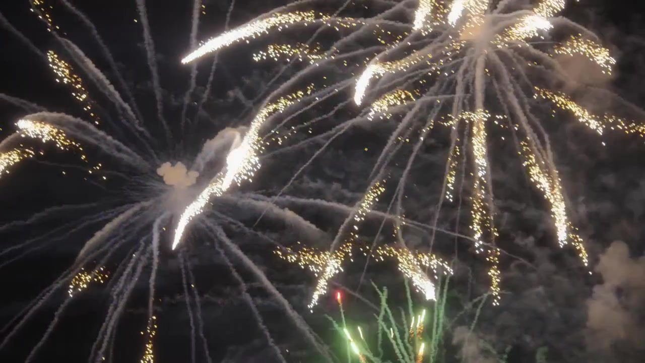 Veri fuochi d'artificio che esplodono nel cielo durante una celebrazione. Movimento lento.