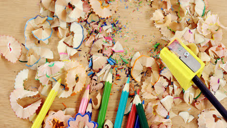 close-up of various colored pencil with shavings