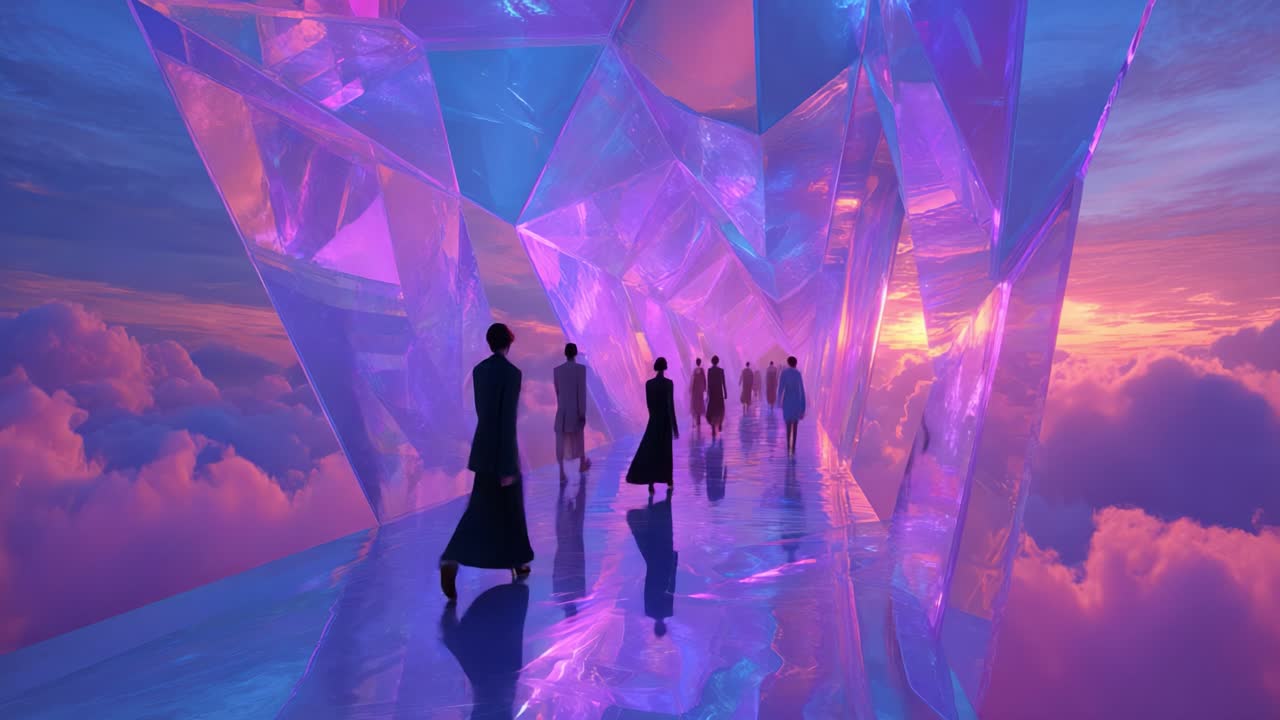 People walking through a crystal corridor at sunset