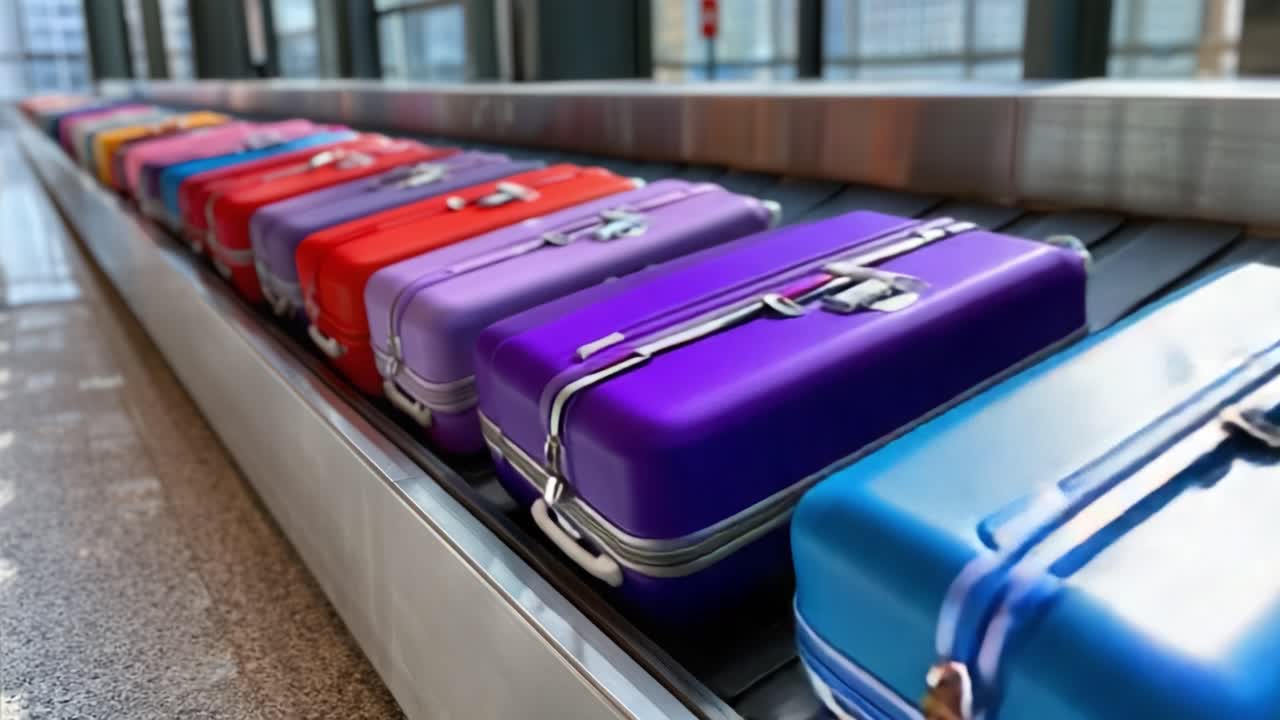 Una vivace esposizione di bagagli colorati su un nastro di riconsegna bagagli dell'aeroporto, che mostra una serie di valigie in attesa dell'arrivo dei loro proprietari.
