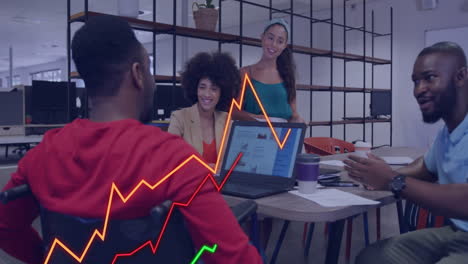 business growth chart animation over diverse team collaborating in modern office