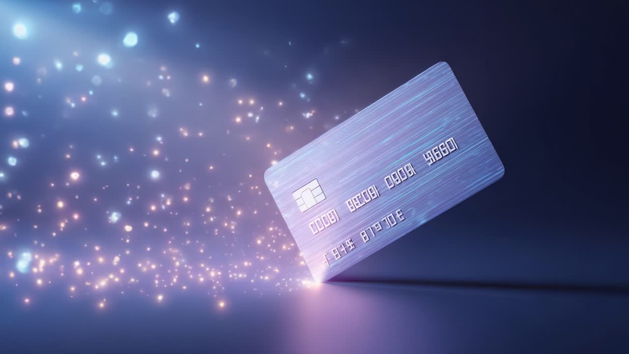 A mesmerizing digital illustration of a credit card surrounded by glowing particles in a modern fantasy setting, illustrating concepts of finance, technology, and ease of transactions