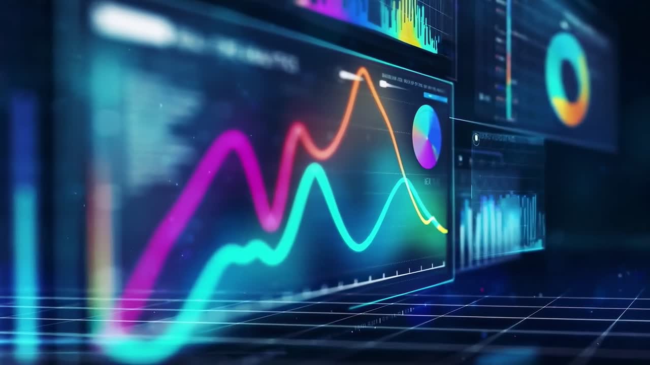 Dynamisk video av fargerike datagrafer, vinkelvisning, futuristisk og analytisk stil